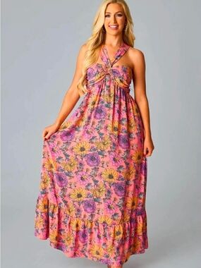 Buddy Love Pink Floral Halter Maxi Dress with Yellow & Purple Accents